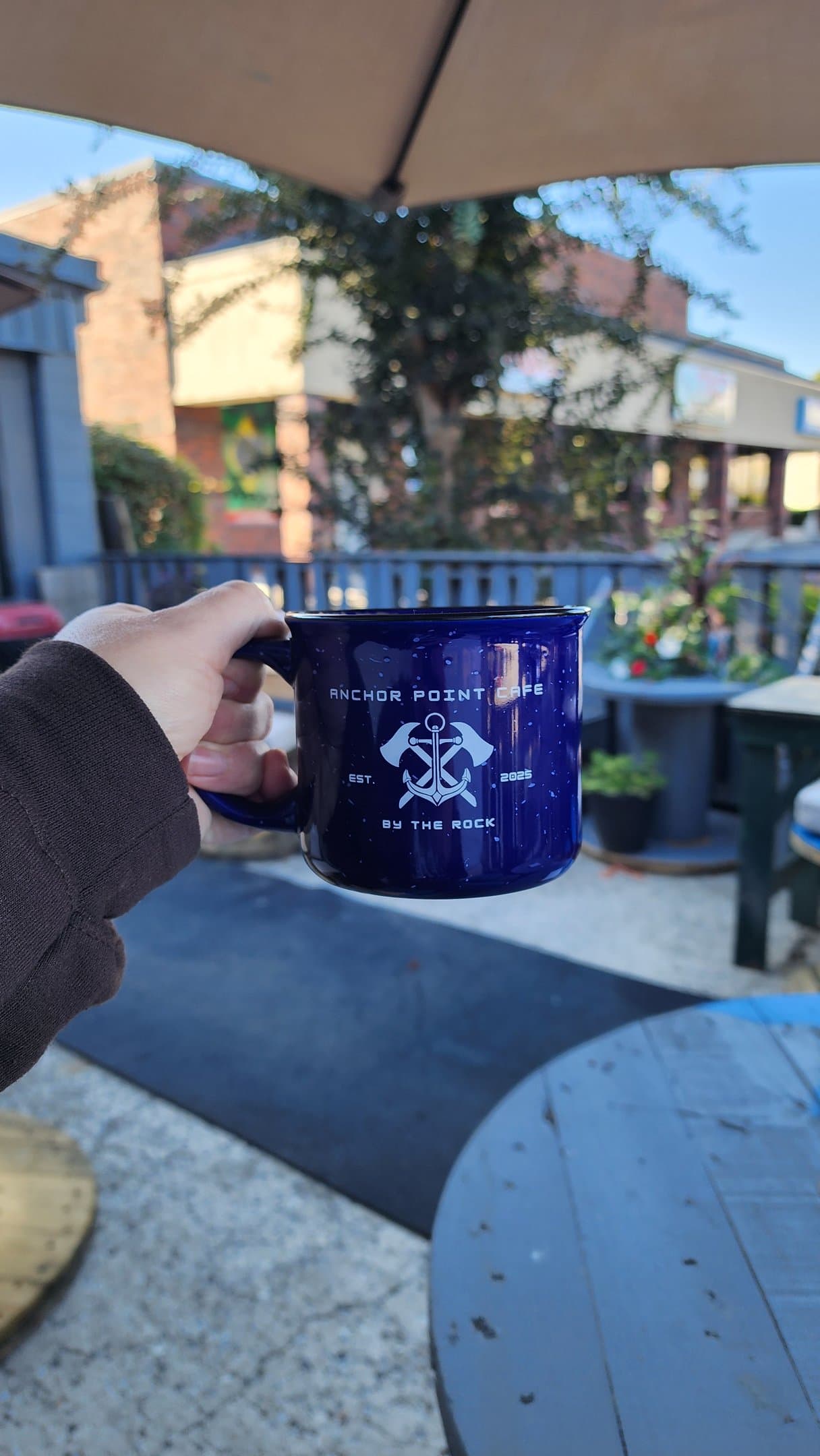 An Anchor Point Cafe coffee enjoyed outside The Rock